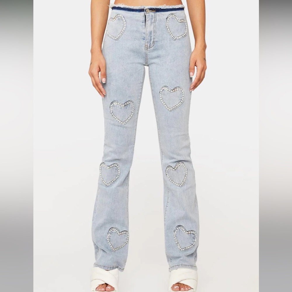 EDIKTED Pearly Heart Low-Rise Jeans- new with tags